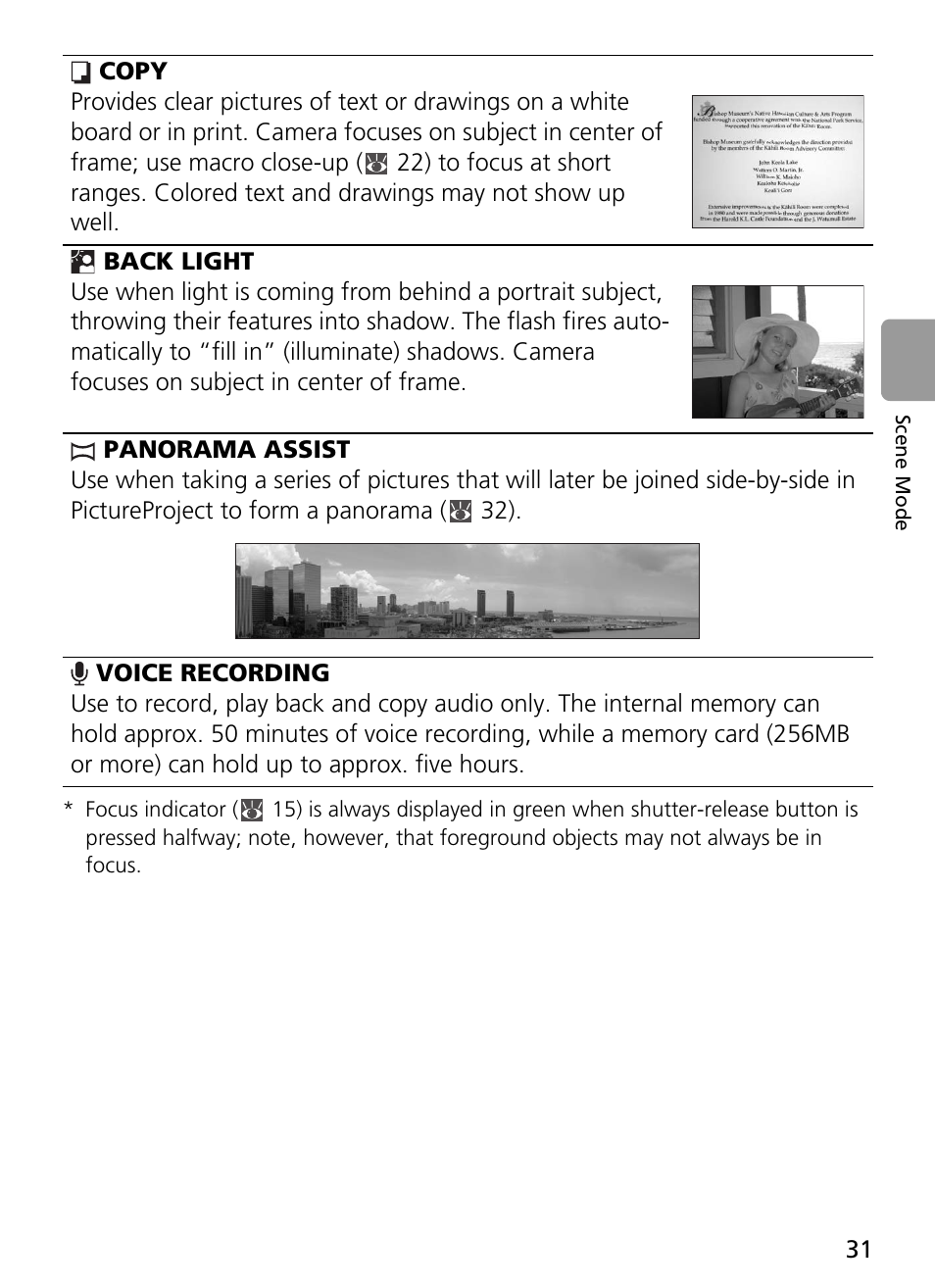 Copy, Back light, Panorama assist | Voice recording | Nikon L2 - L3 User Manual | Page 43 / 120
