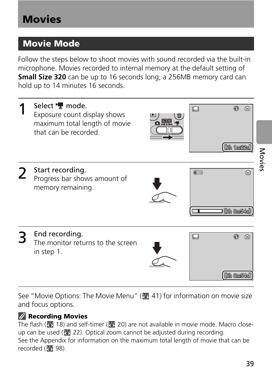 Movies, 1 select mode, 2 start recording | 3 end recording, Movie mode | Nikon L2 - L3 User Manual | Page 51 / 120