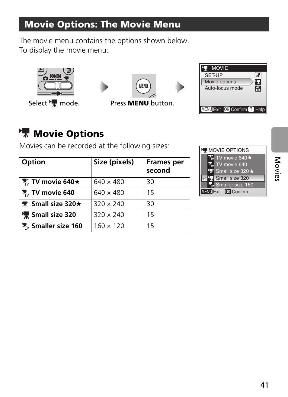 Movie options: the movie menu, Movie options, 41) for in | Movies can be recorded at the following sizes | Nikon L2 - L3 User Manual | Page 53 / 120