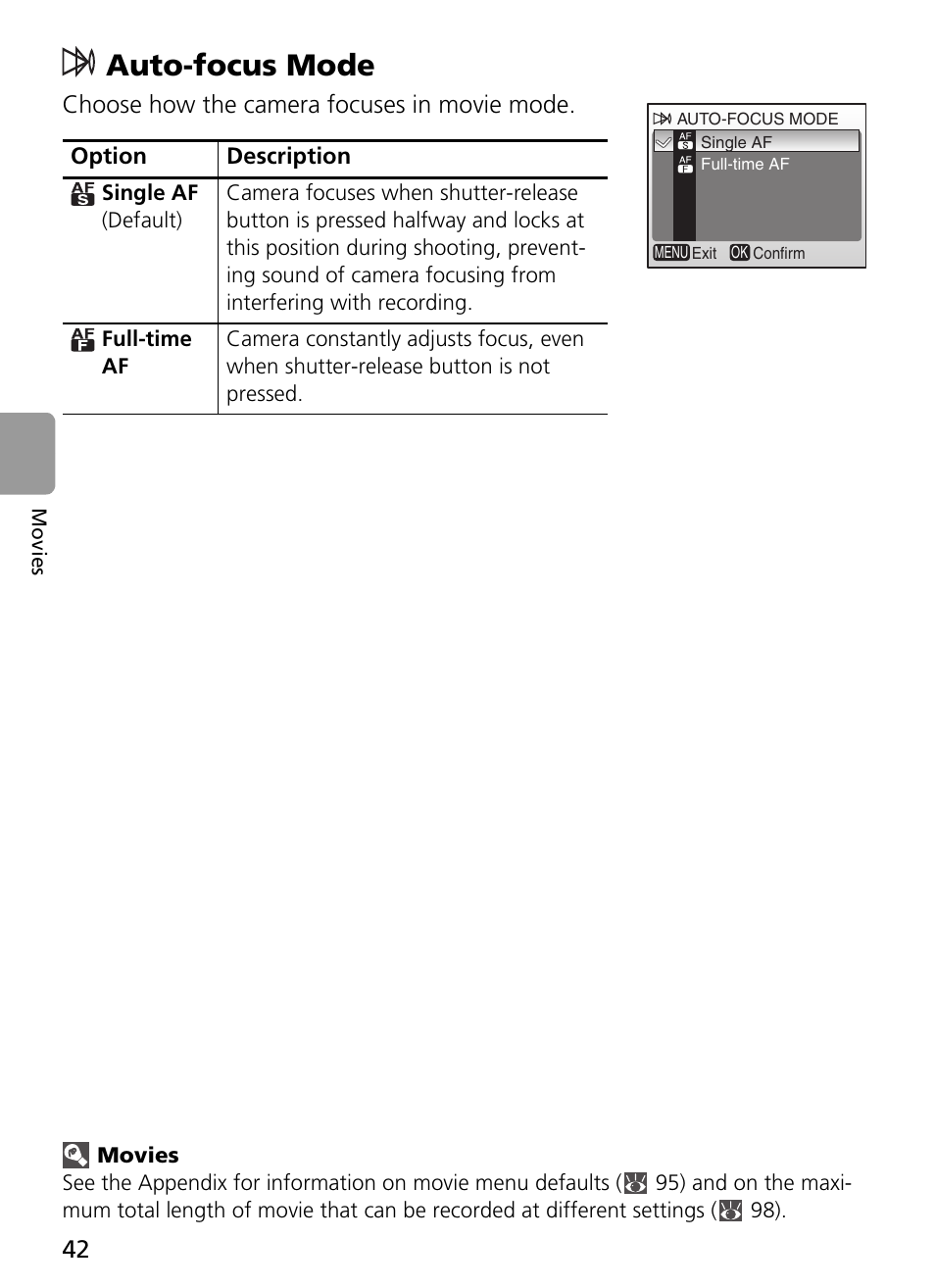 Auto-focus mode, Choose how the camera focuses in movie mode | Nikon L2 - L3 User Manual | Page 54 / 120