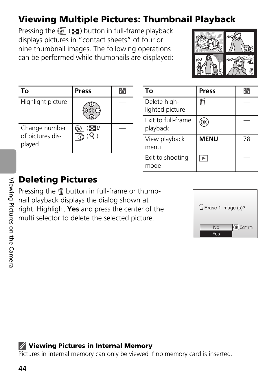 Viewing multiple pictures: thumbnail playback, Deleting pictures | Nikon L2 - L3 User Manual | Page 56 / 120