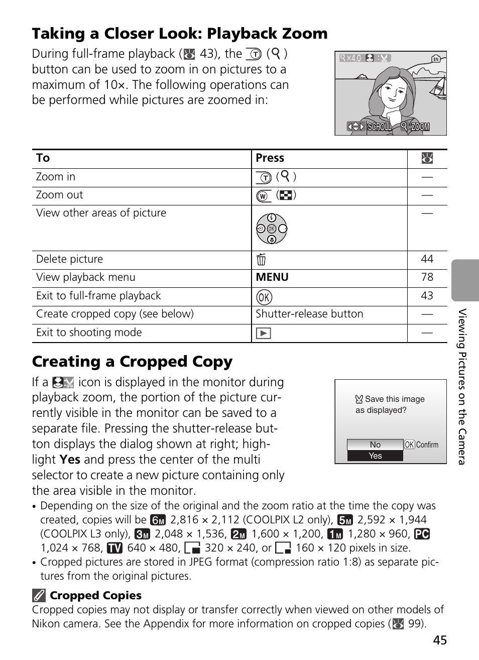 Taking a closer look: playback zoom, Creating a cropped copy | Nikon L2 - L3 User Manual | Page 57 / 120