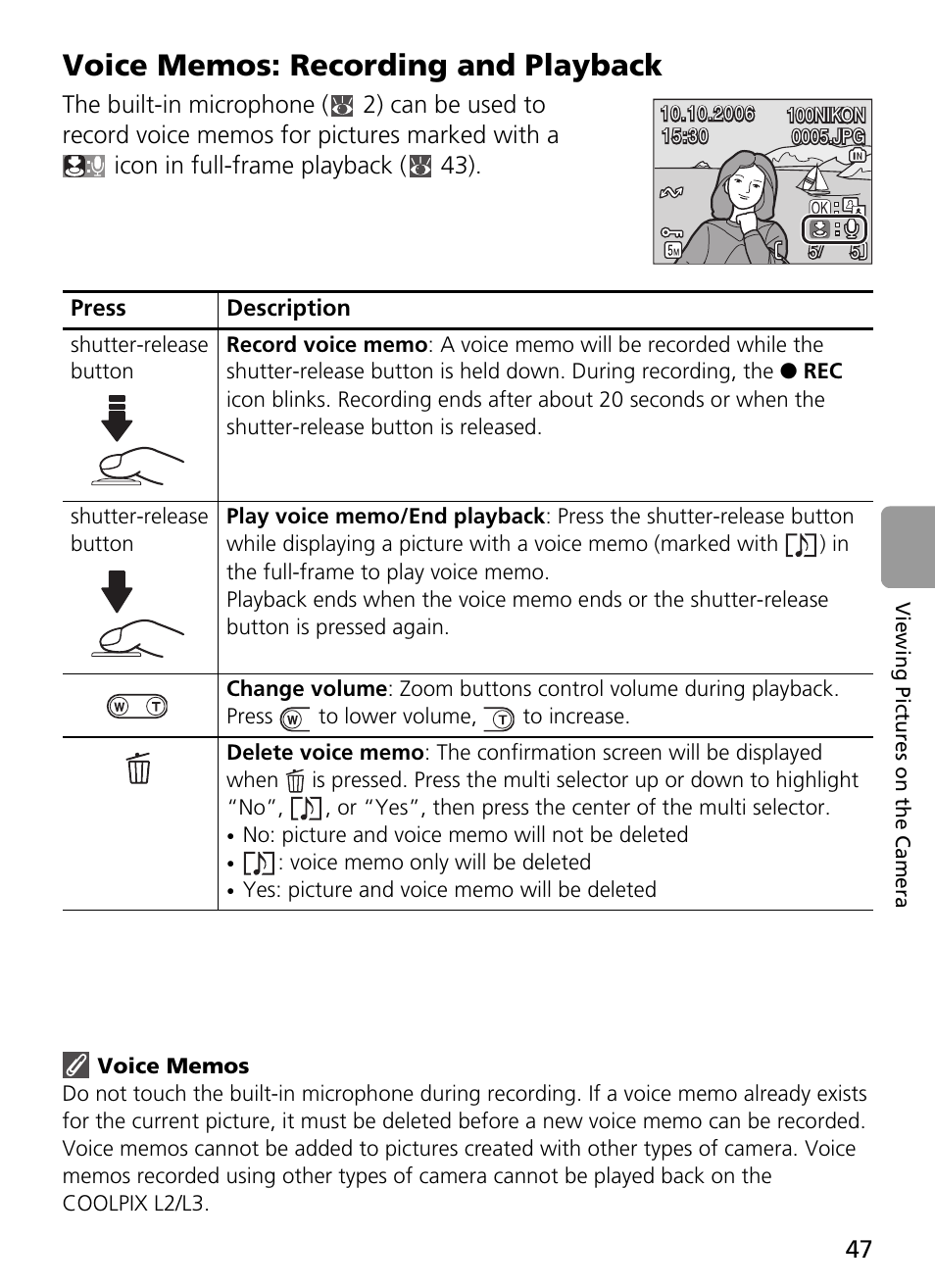 Voice memos: recording and playback | Nikon L2 - L3 User Manual | Page 59 / 120