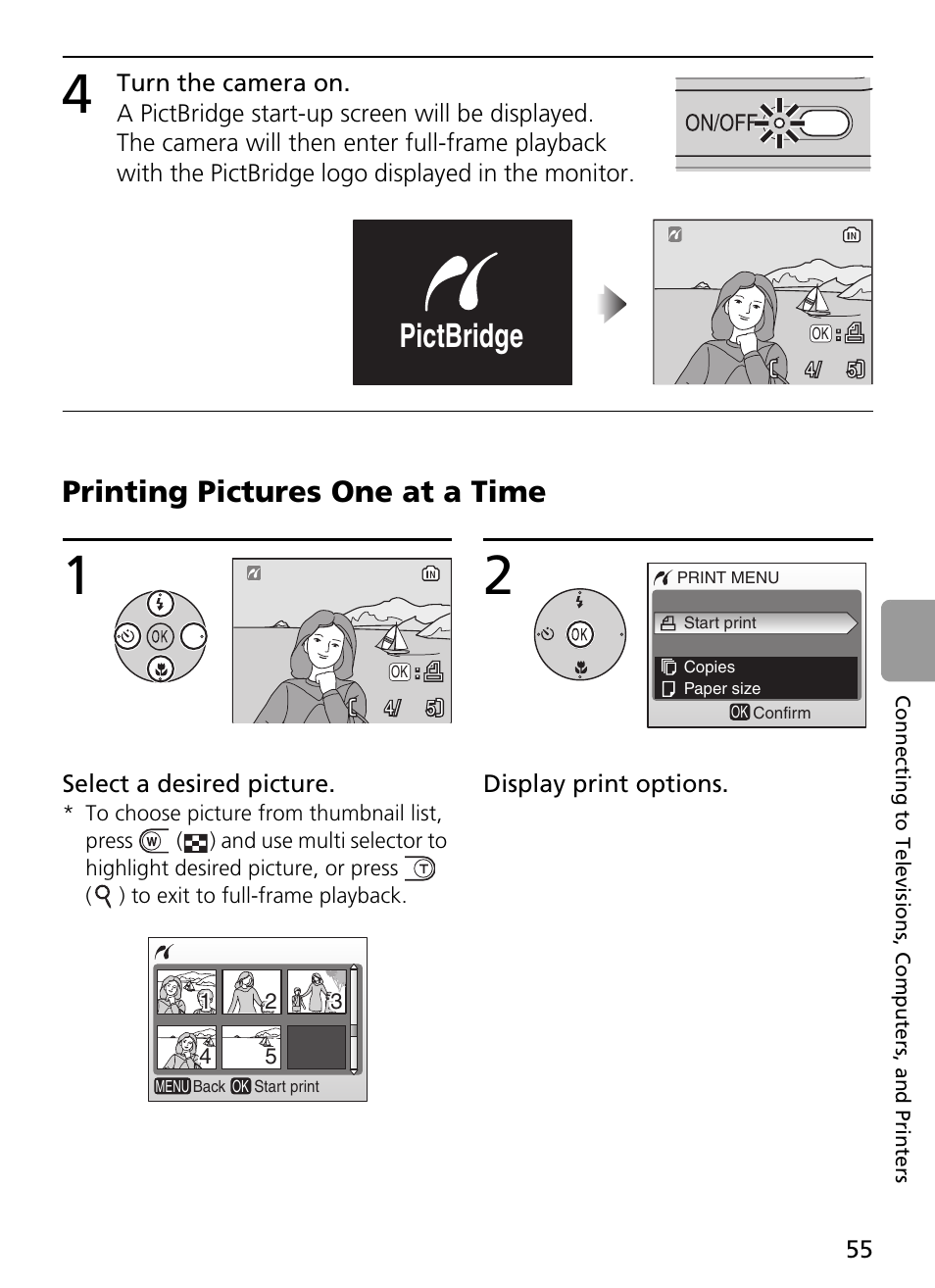 4 turn the camera on, Printing pictures one at a time, Pictbridge | Nikon L2 - L3 User Manual | Page 67 / 120