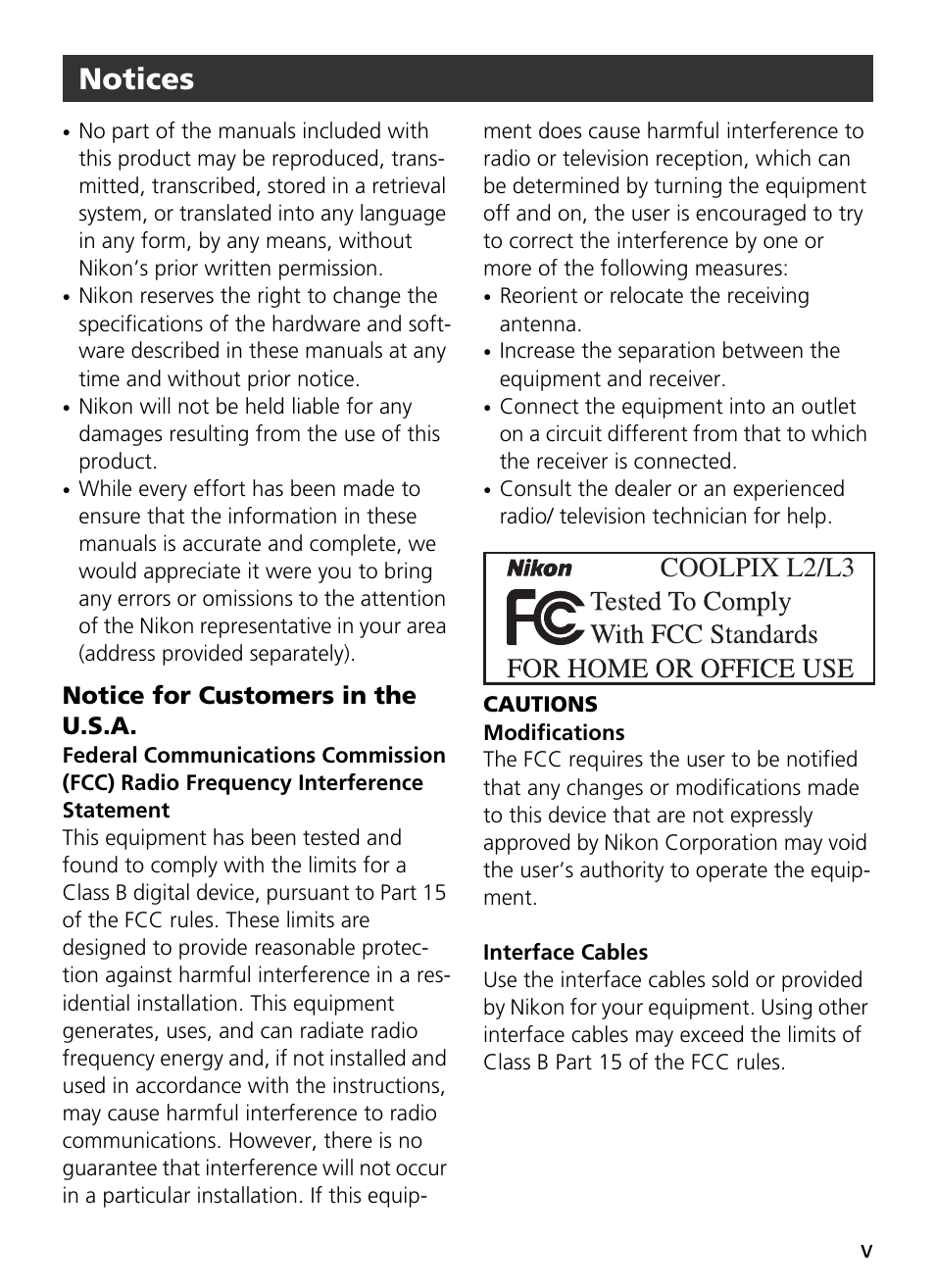 Notice for customers in the u.s.a, Cautions, Notices | Coolpix l2/l3 | Nikon L2 - L3 User Manual | Page 7 / 120