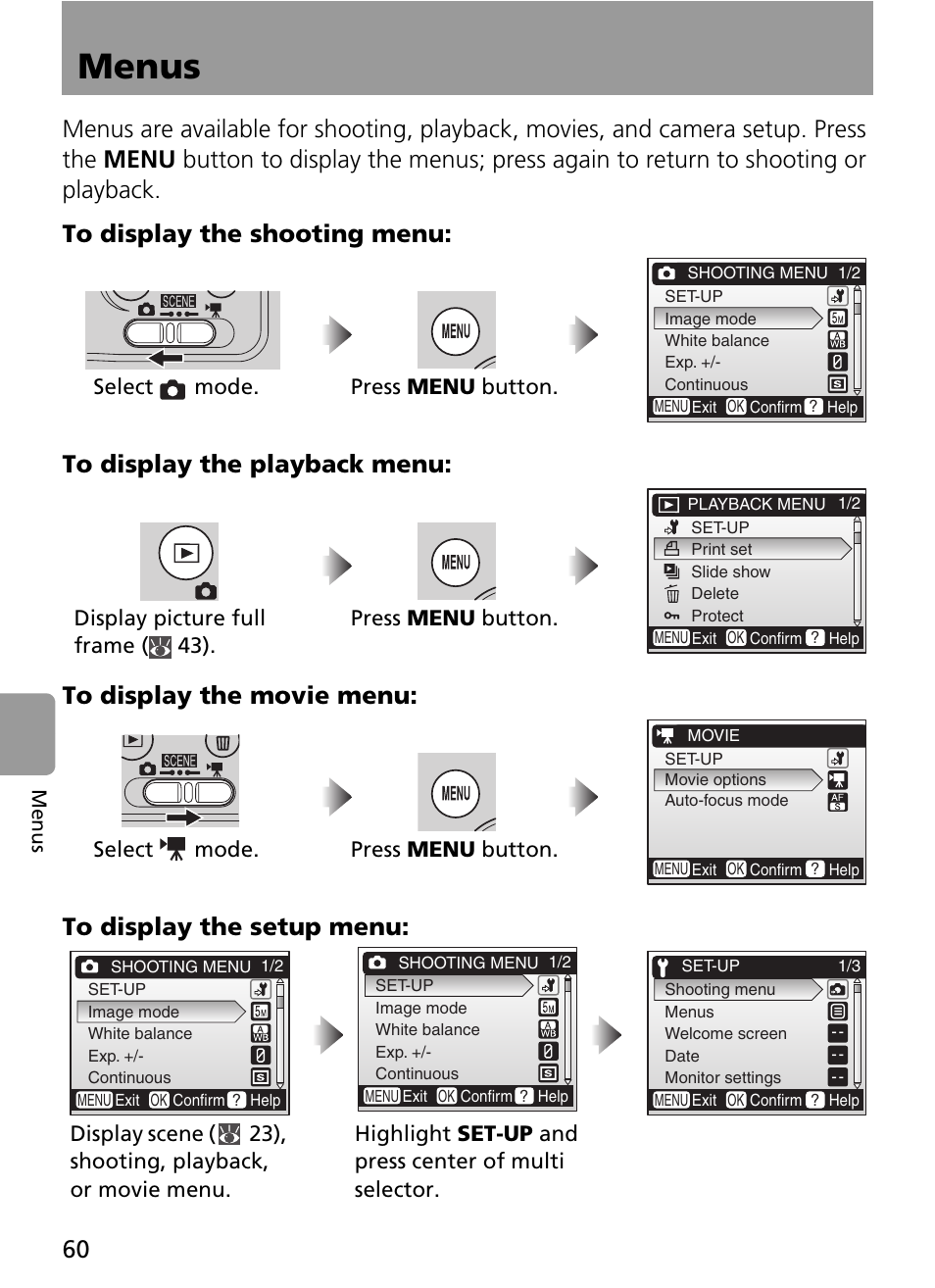 Menus, Select mode. press menu button | Nikon L2 - L3 User Manual | Page 72 / 120