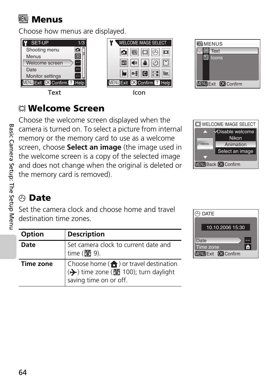 Menus welcome screen date, Menus, Welcome screen | Date, Choose how menus are displayed, Option description | Nikon L2 - L3 User Manual | Page 76 / 120