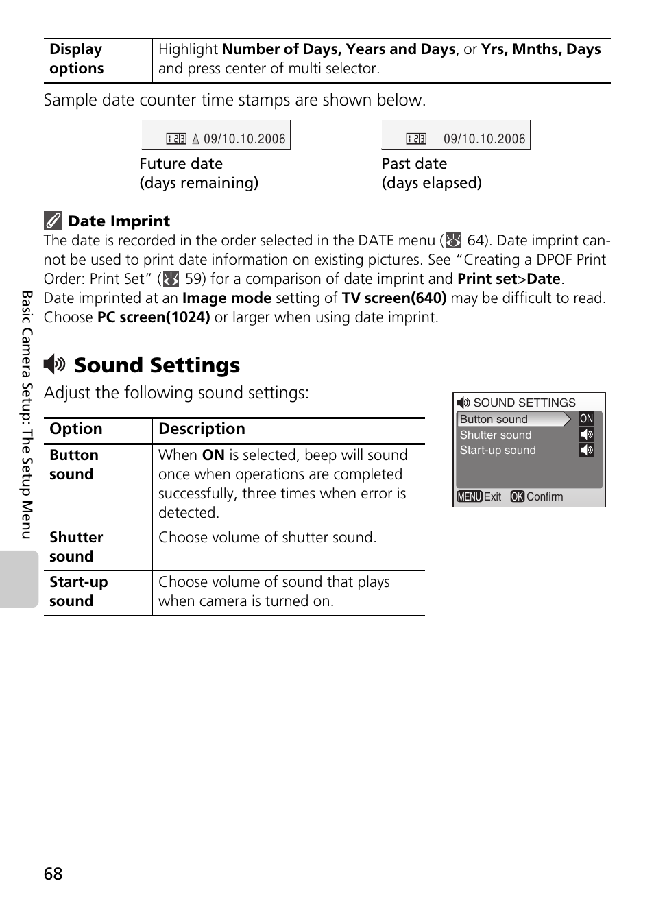 Sound settings, Sample date counter time stamps are shown below, Adjust the following sound settings | Nikon L2 - L3 User Manual | Page 80 / 120