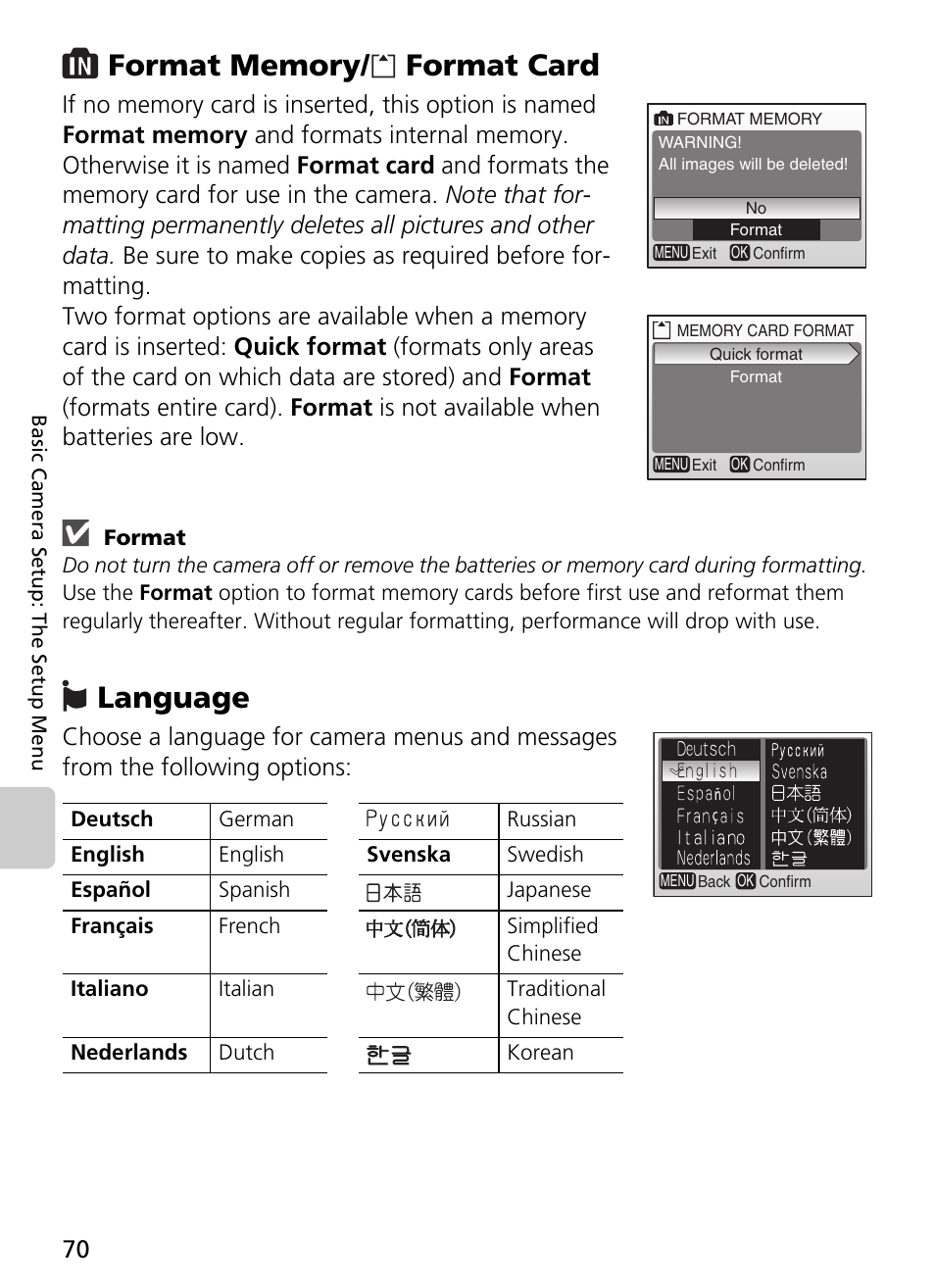 Format memory/ format card language, Language | Nikon L2 - L3 User Manual | Page 82 / 120