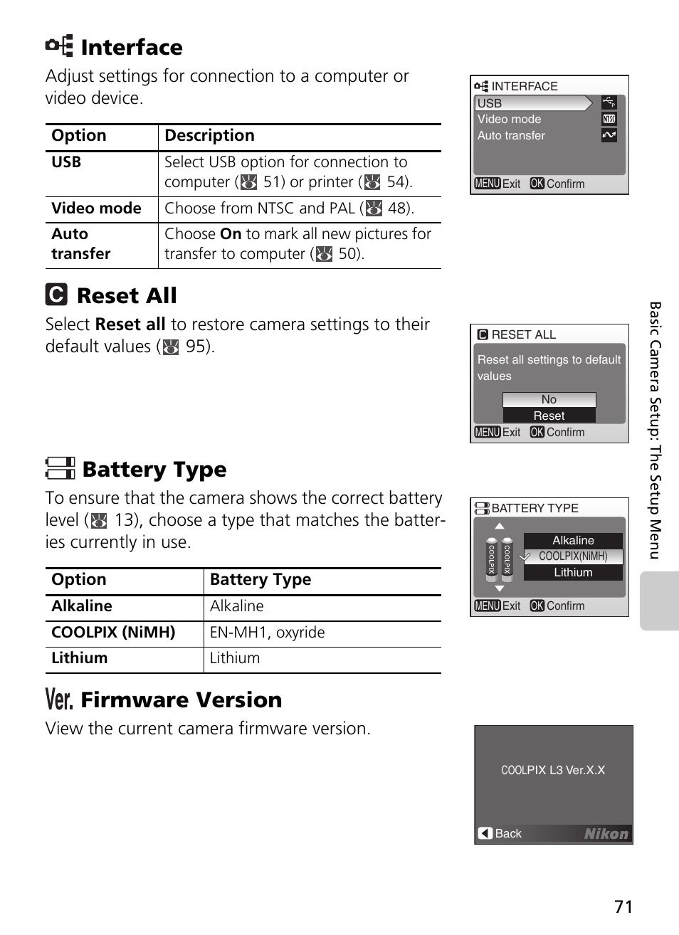 Interface reset all battery type firmware version, Interface, Reset all | Battery type, Firmware version, View the current camera firmware version | Nikon L2 - L3 User Manual | Page 83 / 120