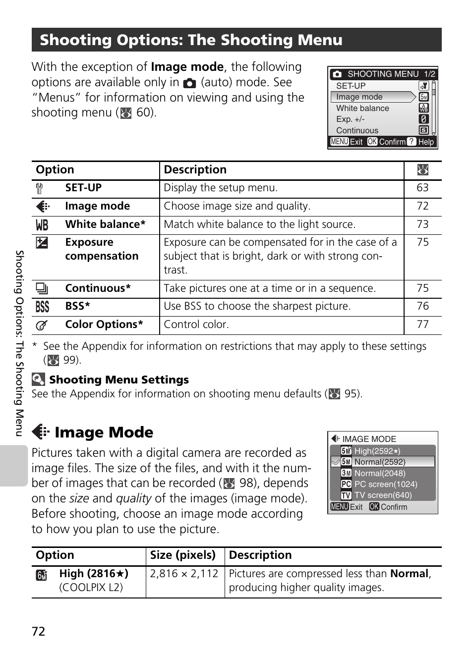 Shooting options: the shooting menu, Image mode, 72) c | Nikon L2 - L3 User Manual | Page 84 / 120