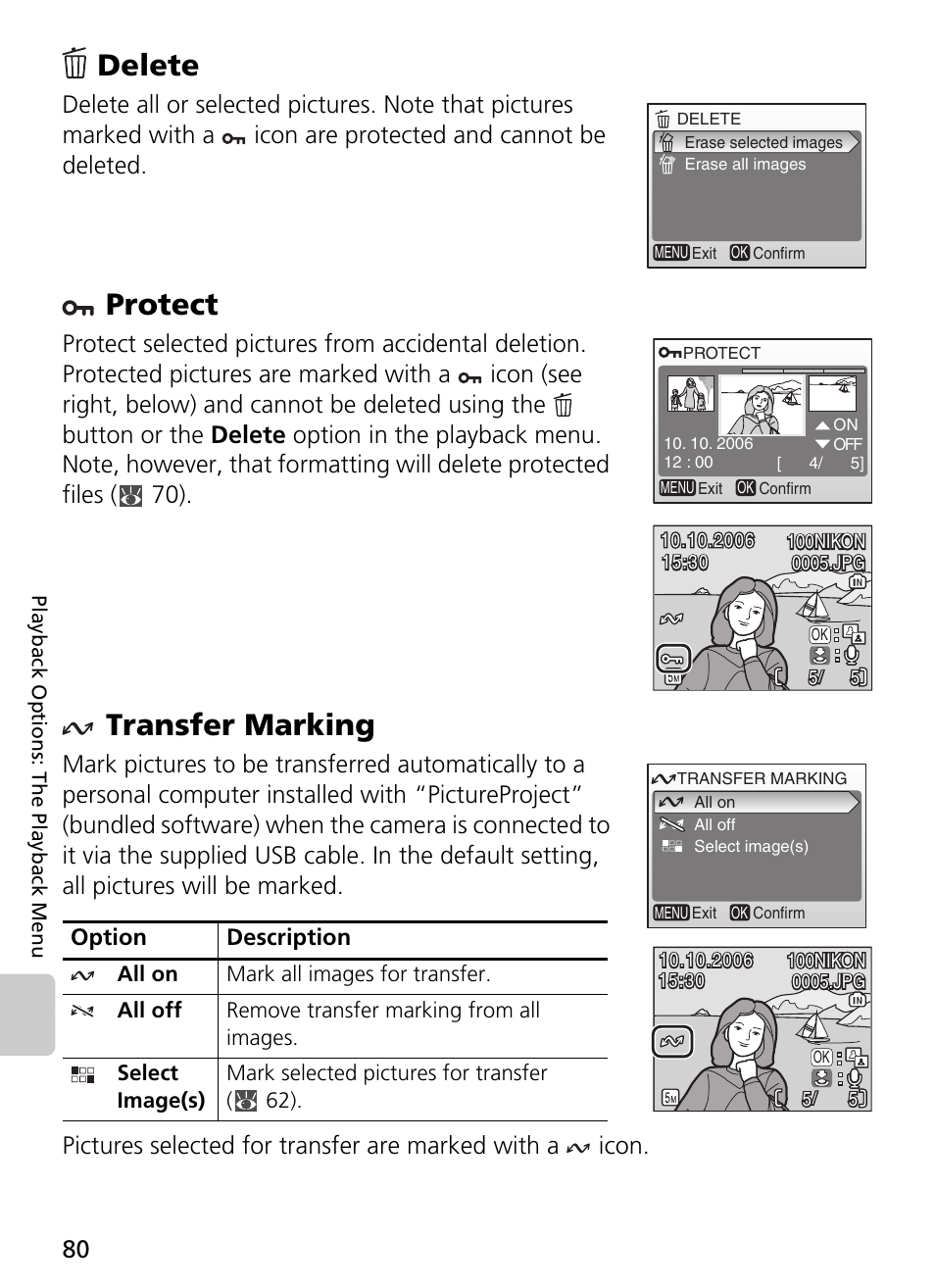 Delete protect transfer marking, 80), or, Delete | Protect, Transfer marking | Nikon L2 - L3 User Manual | Page 92 / 120