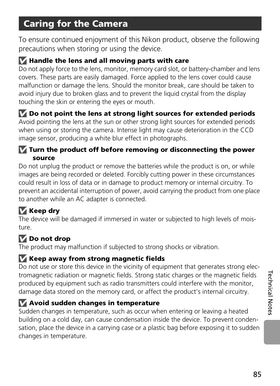 Handle the lens and all moving parts with care, Keep dry, Do not drop | Keep away from strong magnetic fields, Avoid sudden changes in temperature, Caring for the camera | Nikon L2 - L3 User Manual | Page 97 / 120