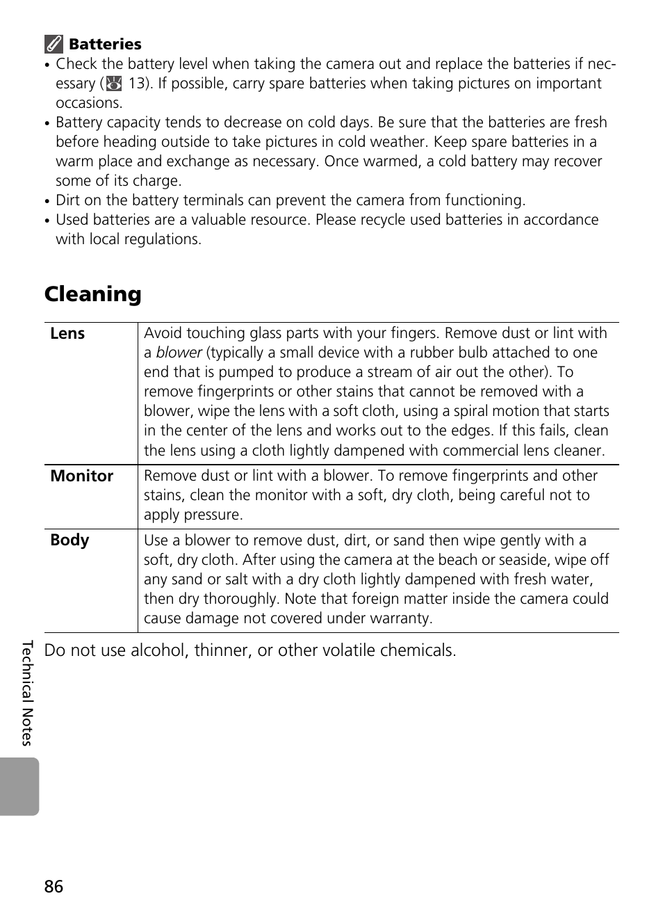 Batteries, Cleaning | Nikon L2 - L3 User Manual | Page 98 / 120