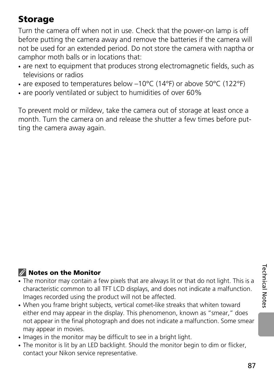 Storage, Notes on the monitor | Nikon L2 - L3 User Manual | Page 99 / 120