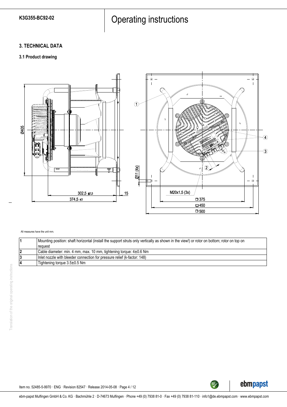 Operating instructions | ebm-papst K3G355-BC92-02 User Manual | Page 4 / 12