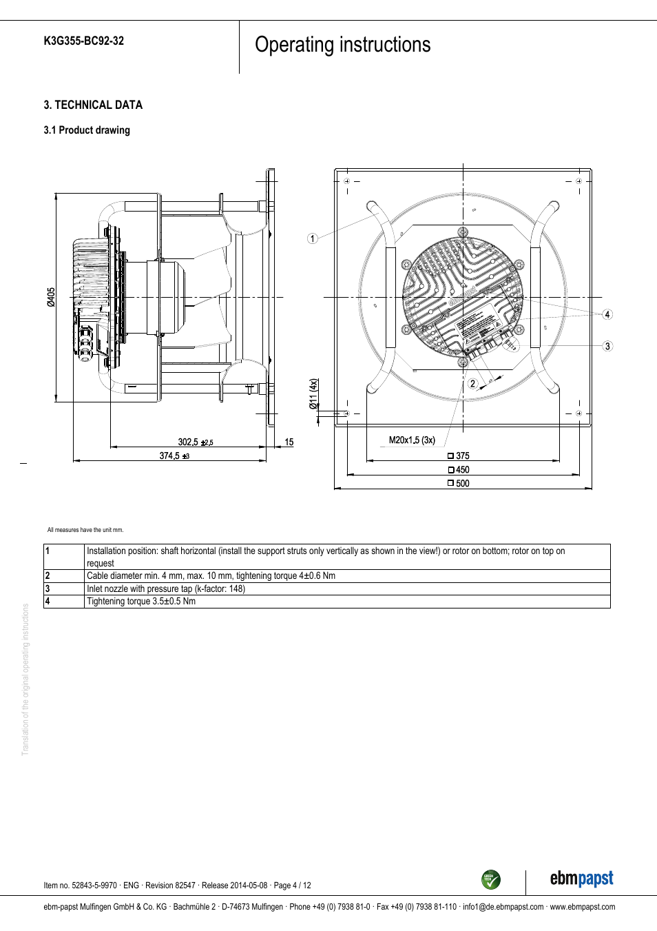 Operating instructions | ebm-papst K3G355-BC92-32 User Manual | Page 4 / 12