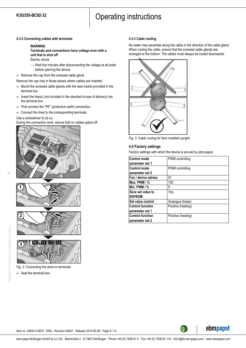 Operating instructions | ebm-papst K3G355-BC92-32 User Manual | Page 8 / 12