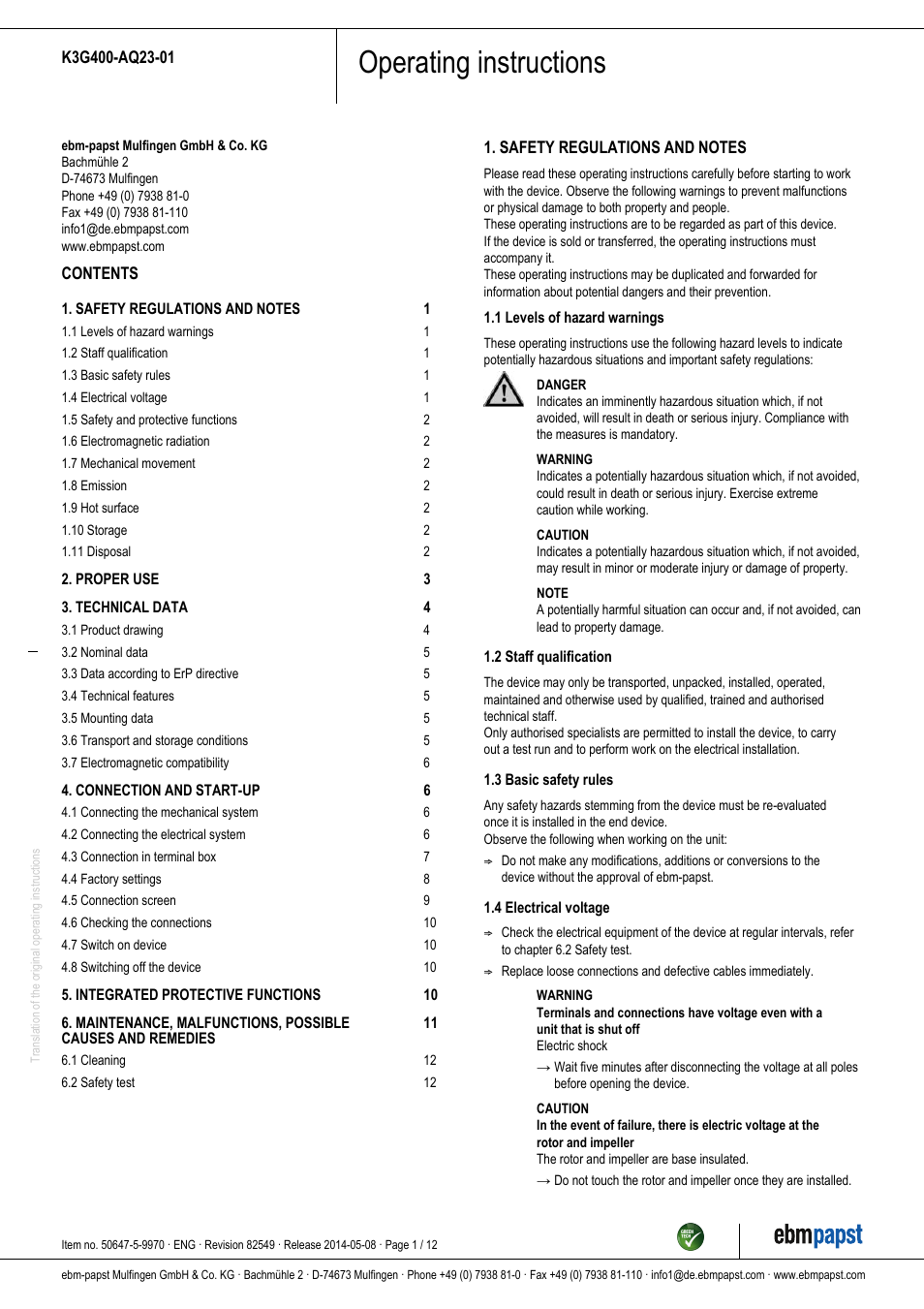 ebm-papst K3G400-AQ23-01 User Manual | 12 pages