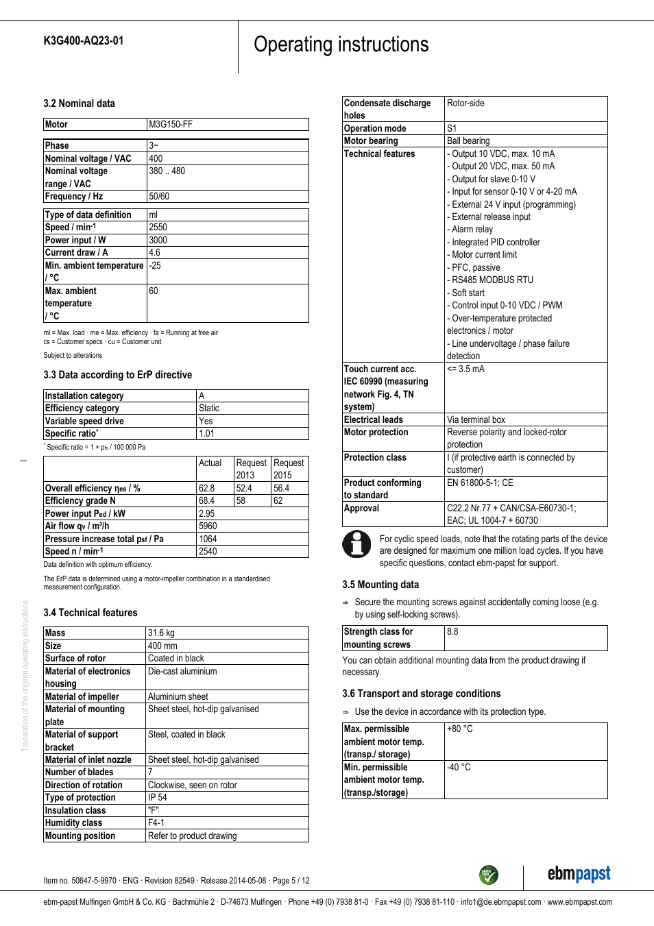 Operating instructions | ebm-papst K3G400-AQ23-01 User Manual | Page 5 / 12