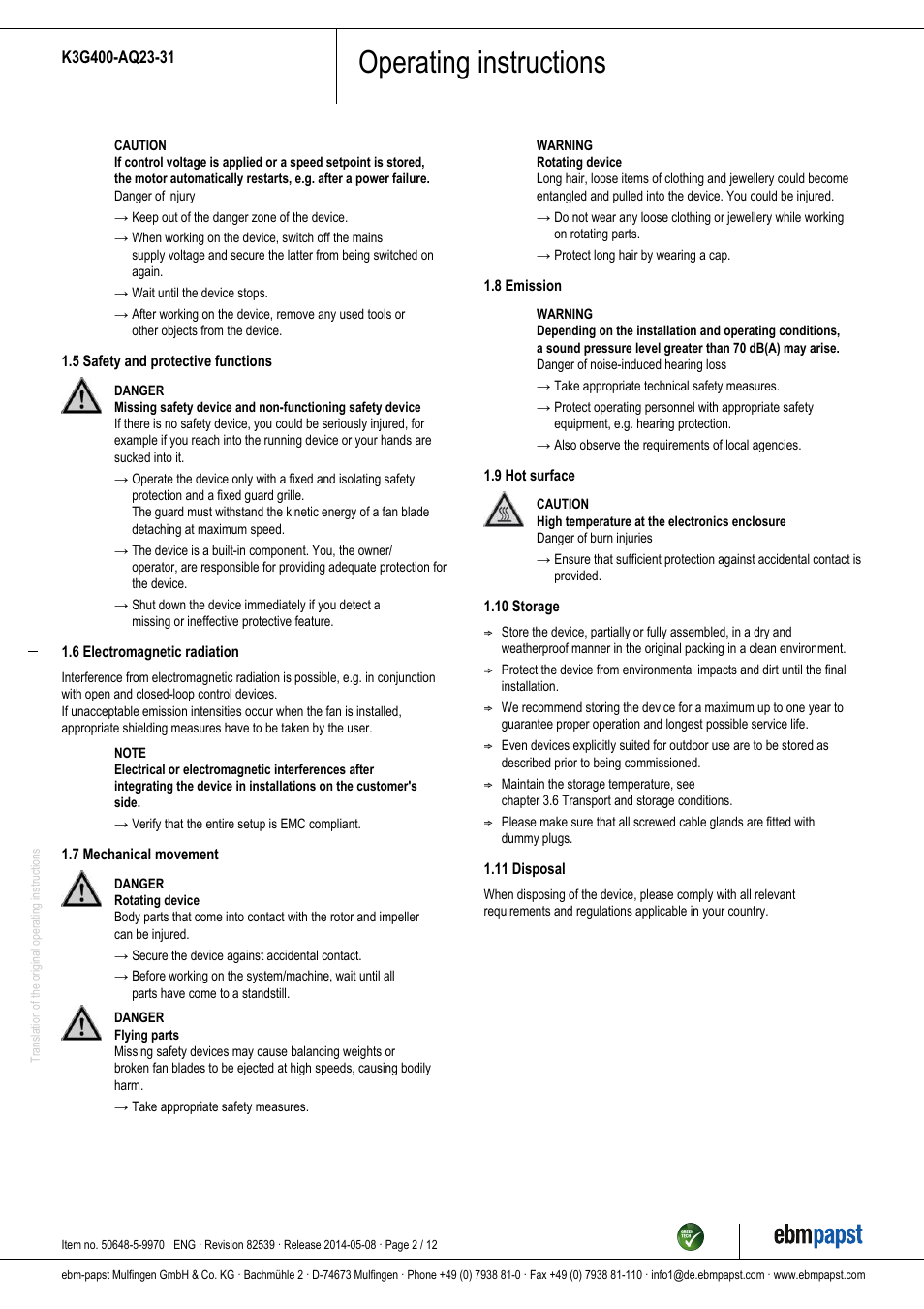 Operating instructions | ebm-papst K3G400-AQ23-31 User Manual | Page 2 / 12