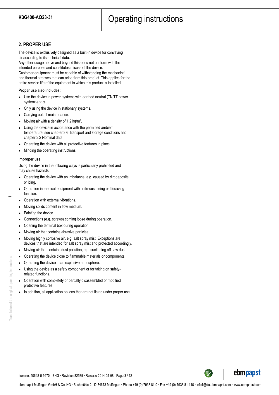 Operating instructions, Proper use | ebm-papst K3G400-AQ23-31 User Manual | Page 3 / 12