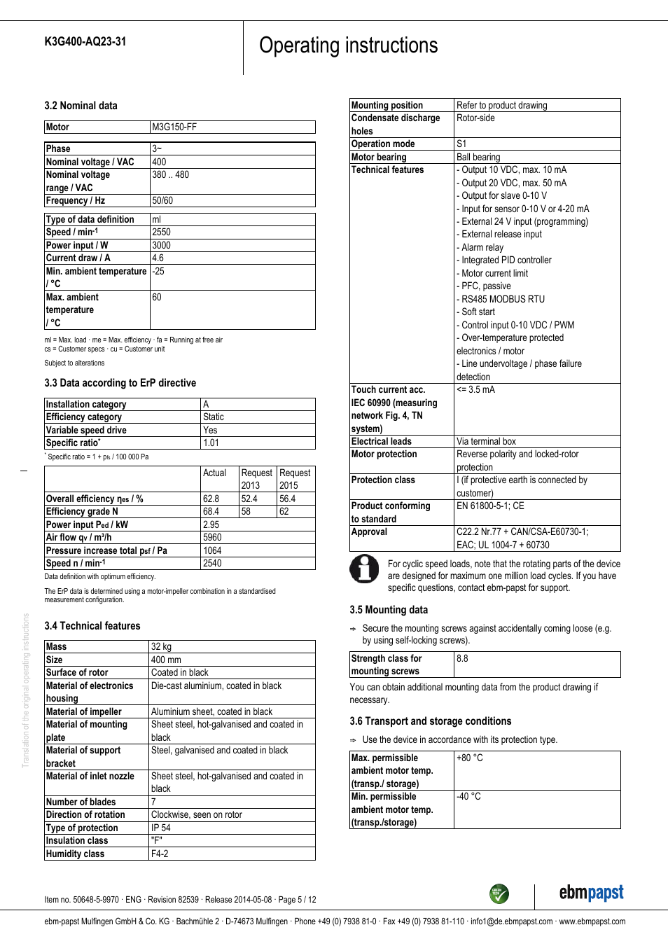 Operating instructions | ebm-papst K3G400-AQ23-31 User Manual | Page 5 / 12