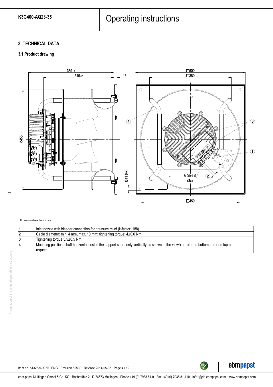 Operating instructions | ebm-papst K3G400-AQ23-35 User Manual | Page 4 / 12