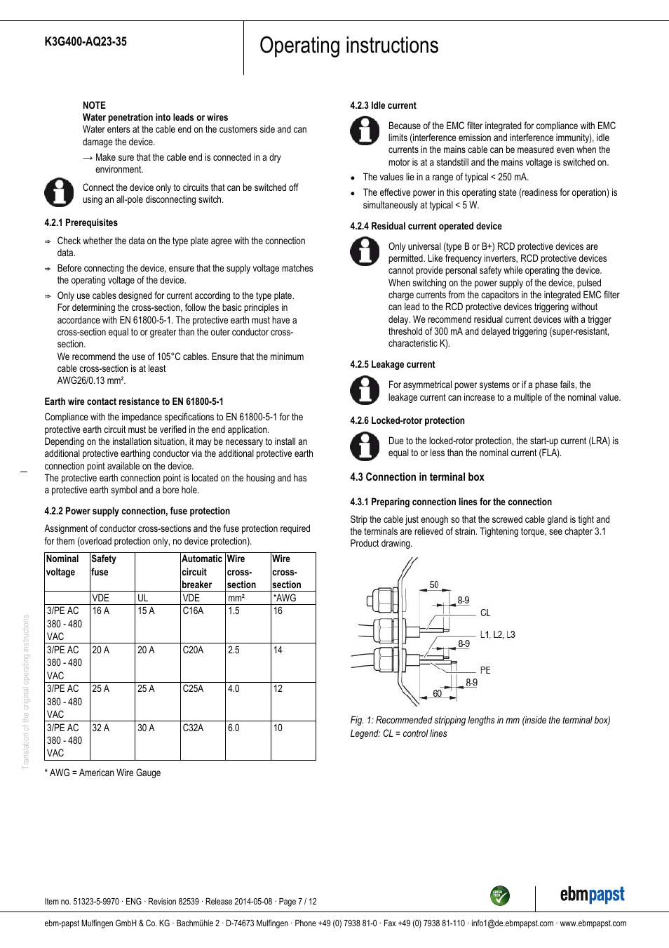 Operating instructions | ebm-papst K3G400-AQ23-35 User Manual | Page 7 / 12