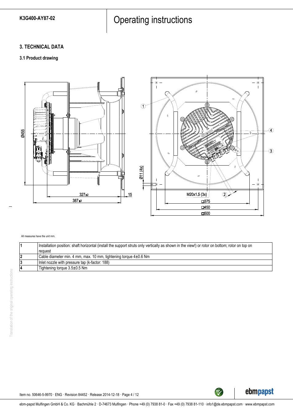 Operating instructions | ebm-papst K3G400-AY87-02 User Manual | Page 4 / 12