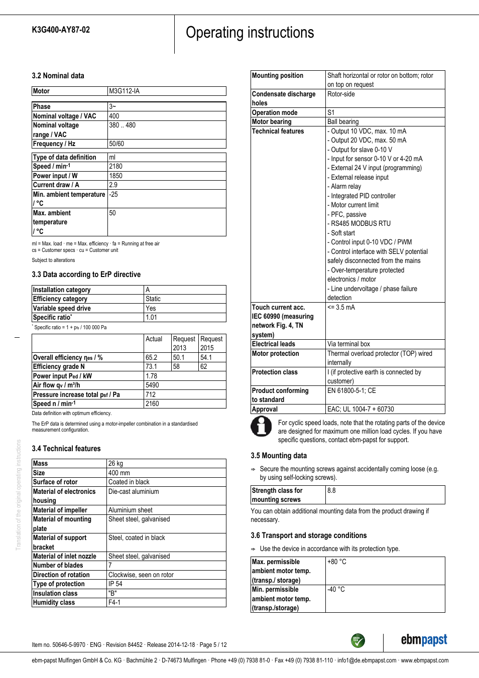 Operating instructions | ebm-papst K3G400-AY87-02 User Manual | Page 5 / 12