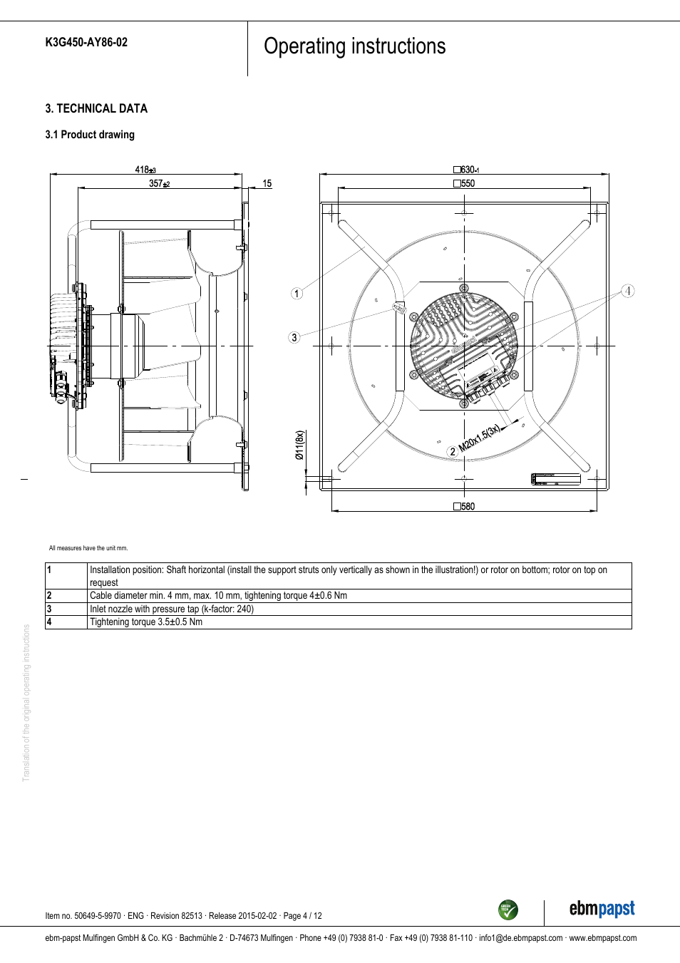 Operating instructions | ebm-papst K3G450-AY86-02 User Manual | Page 4 / 12