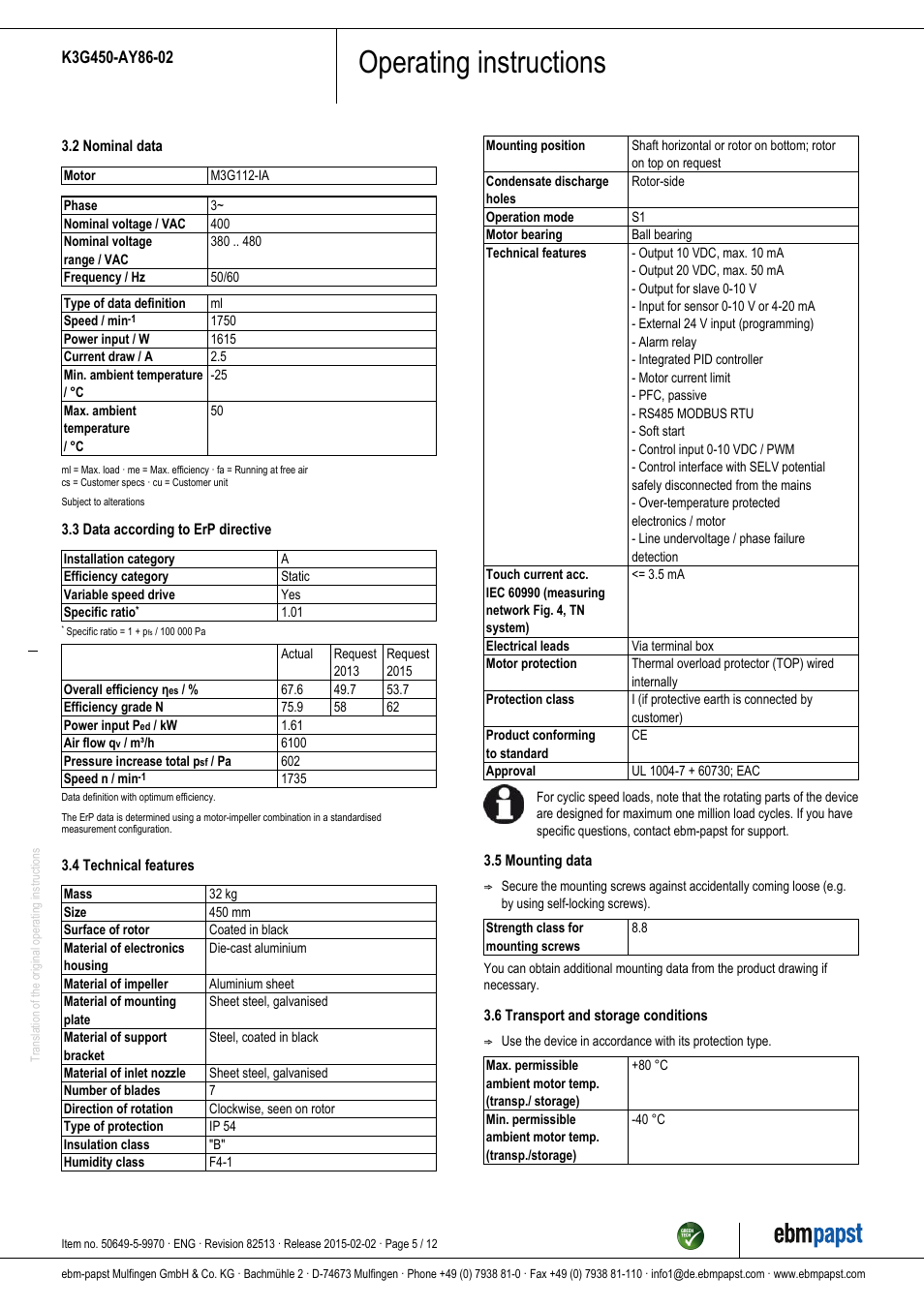 Operating instructions | ebm-papst K3G450-AY86-02 User Manual | Page 5 / 12