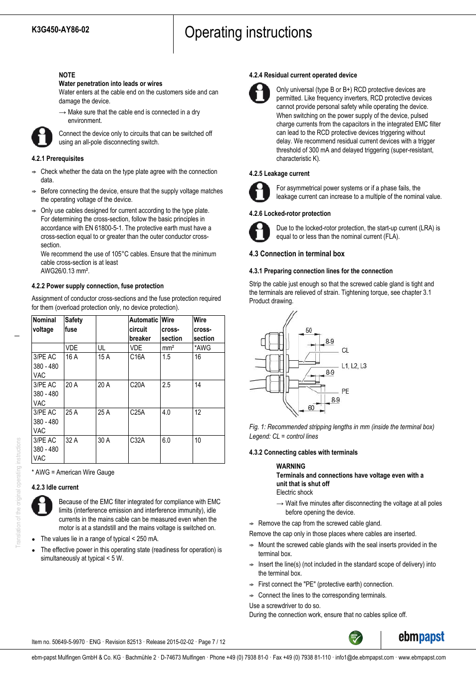 Operating instructions | ebm-papst K3G450-AY86-02 User Manual | Page 7 / 12
