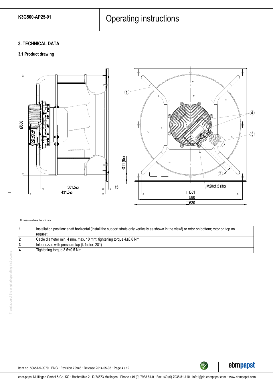 Operating instructions | ebm-papst K3G500-AP25-01 User Manual | Page 4 / 12