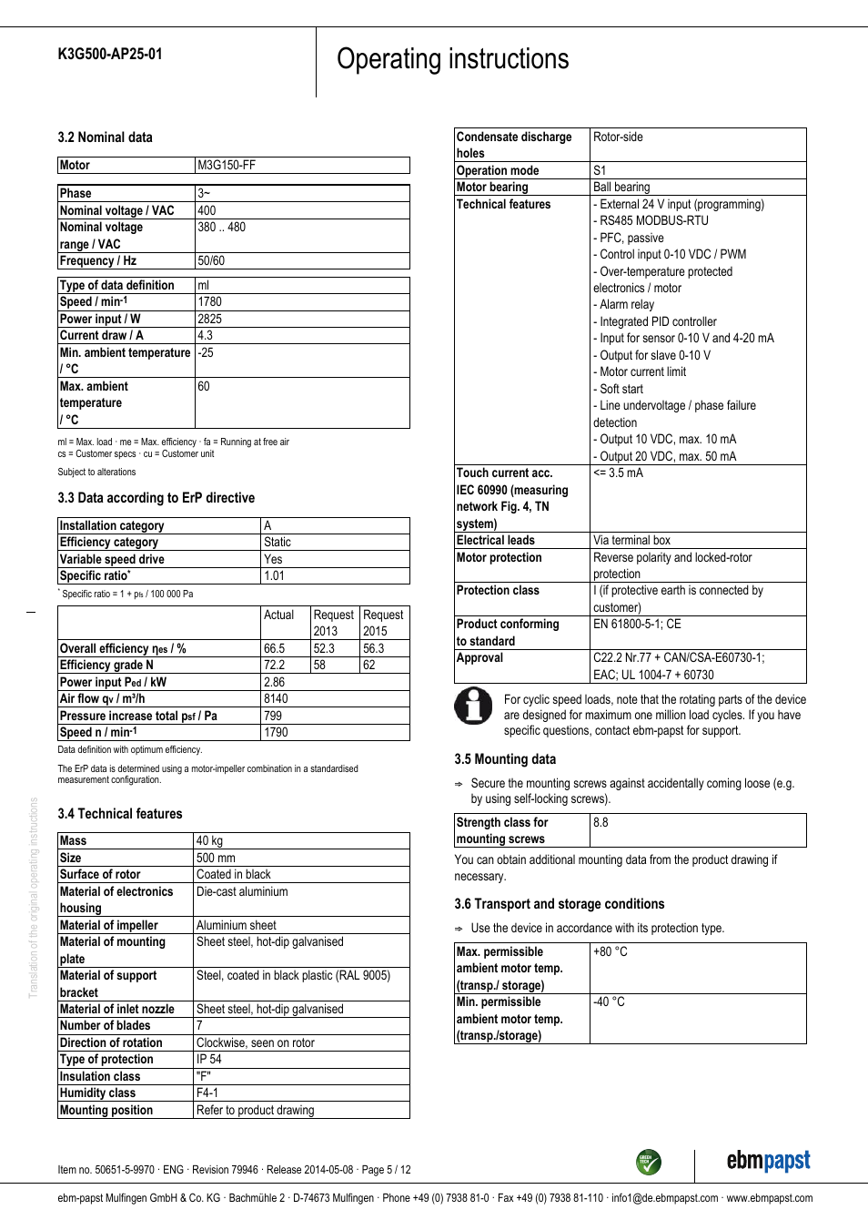 Operating instructions | ebm-papst K3G500-AP25-01 User Manual | Page 5 / 12