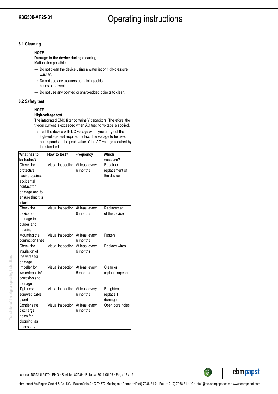 Operating instructions | ebm-papst K3G500-AP25-31 User Manual | Page 12 / 12
