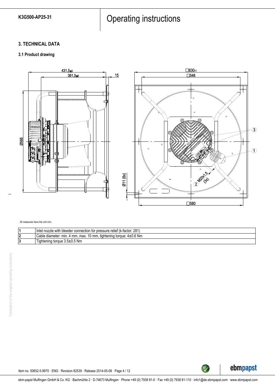 Operating instructions | ebm-papst K3G500-AP25-31 User Manual | Page 4 / 12