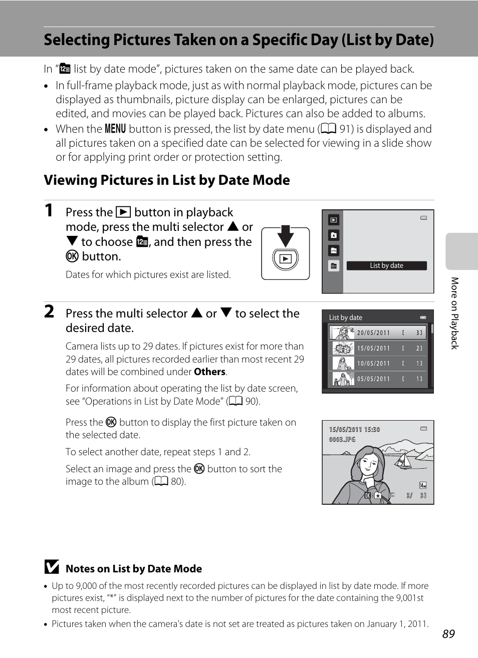 Viewing pictures in list by date mode, A 89), pi, A 89 | A 89), pictur | Nikon S3100 User Manual | Page 101 / 196