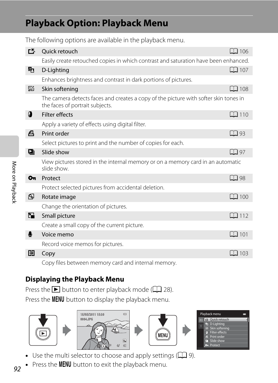 Playback option: playback menu, A 92), Displaying the playback menu | Nikon S3100 User Manual | Page 104 / 196
