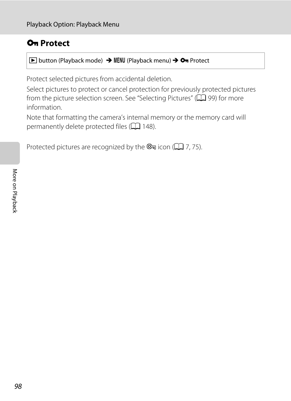 Protect, D protect, A 98) | A 98, Dprotect | Nikon S3100 User Manual | Page 110 / 196