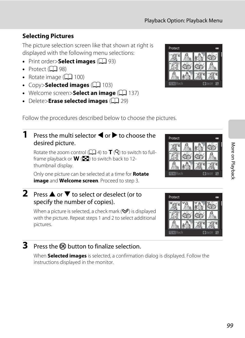 Selecting pictures, A 99) for more | Nikon S3100 User Manual | Page 111 / 196