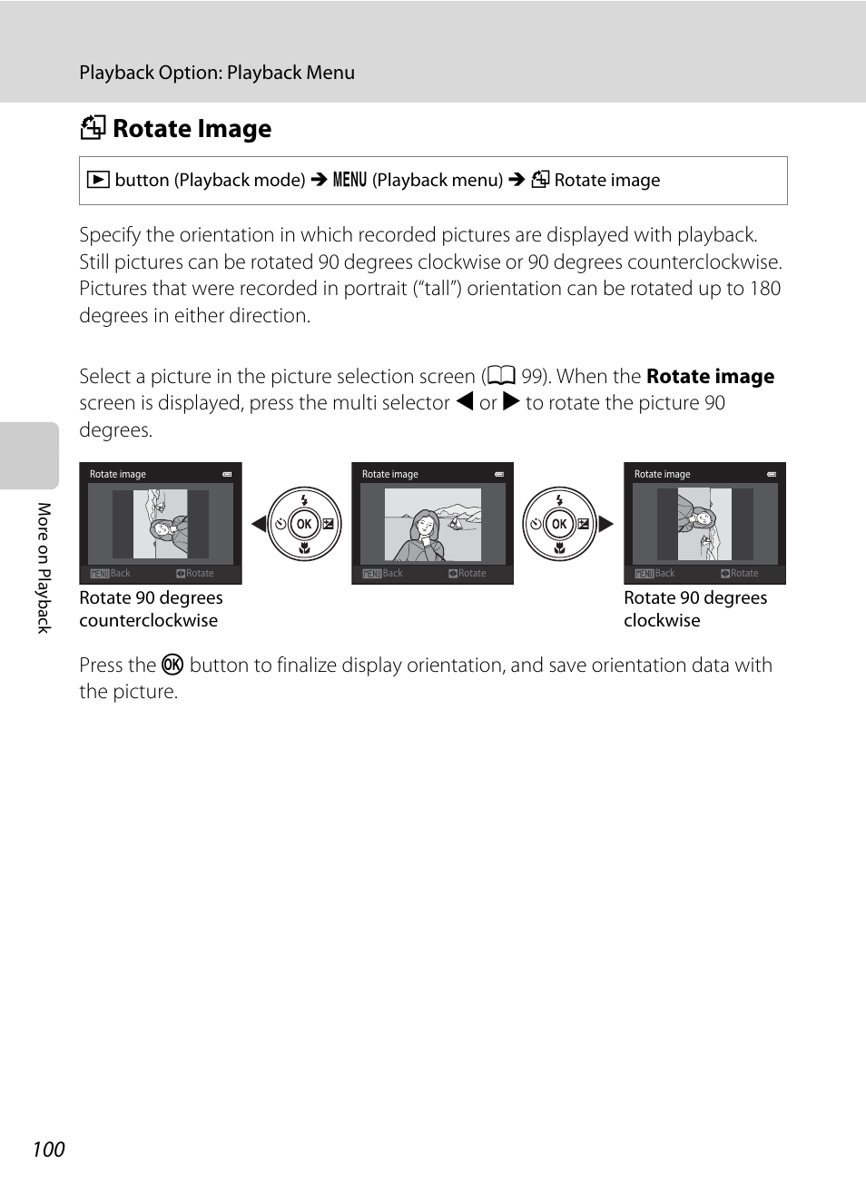 Rotate image, F rotate image, A 100) in | A 100, A 100), Frotate image | Nikon S3100 User Manual | Page 112 / 196