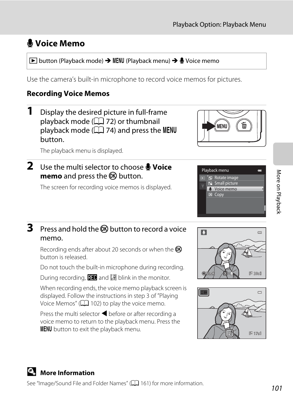 Voice memo, E voice memo, A 101 | Nikon S3100 User Manual | Page 113 / 196