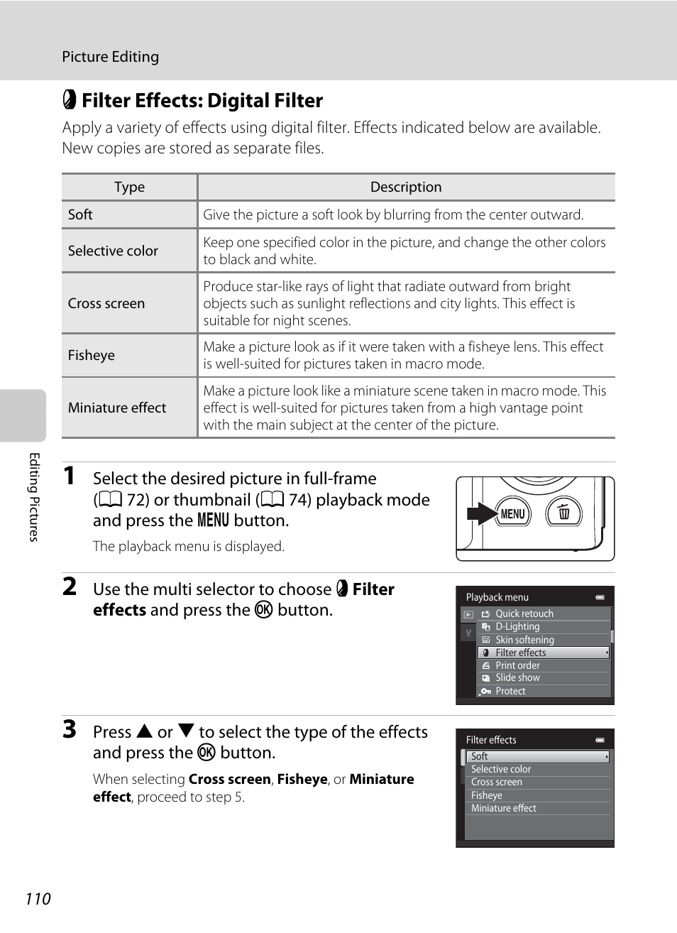 Filter effects: digital filter, P filter effects: digital filter, A 110 | A 110), Pfilter effects: digital filter | Nikon S3100 User Manual | Page 122 / 196