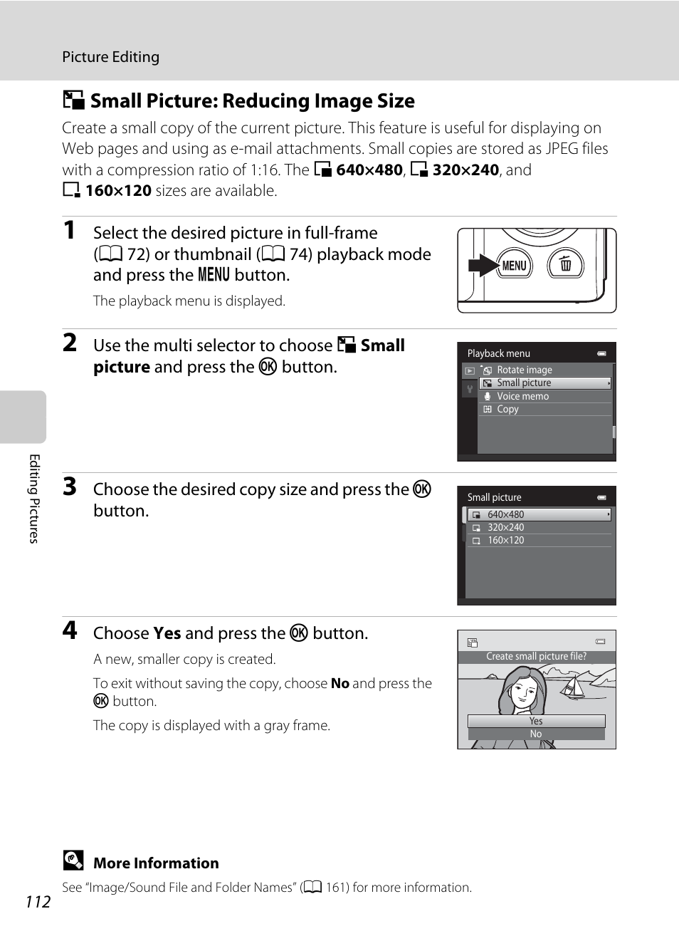 Small picture: reducing image size, G small picture: reducing image size, A 112 | A 112), Gsmall picture: reducing image size | Nikon S3100 User Manual | Page 124 / 196
