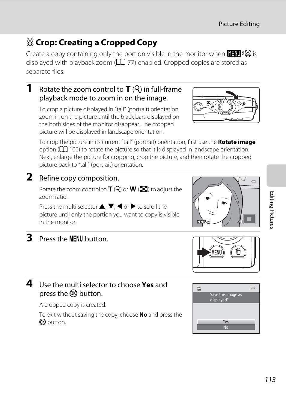 Crop: creating a cropped copy, A crop: creating a cropped copy, A 113) | Acrop: creating a cropped copy | Nikon S3100 User Manual | Page 125 / 196