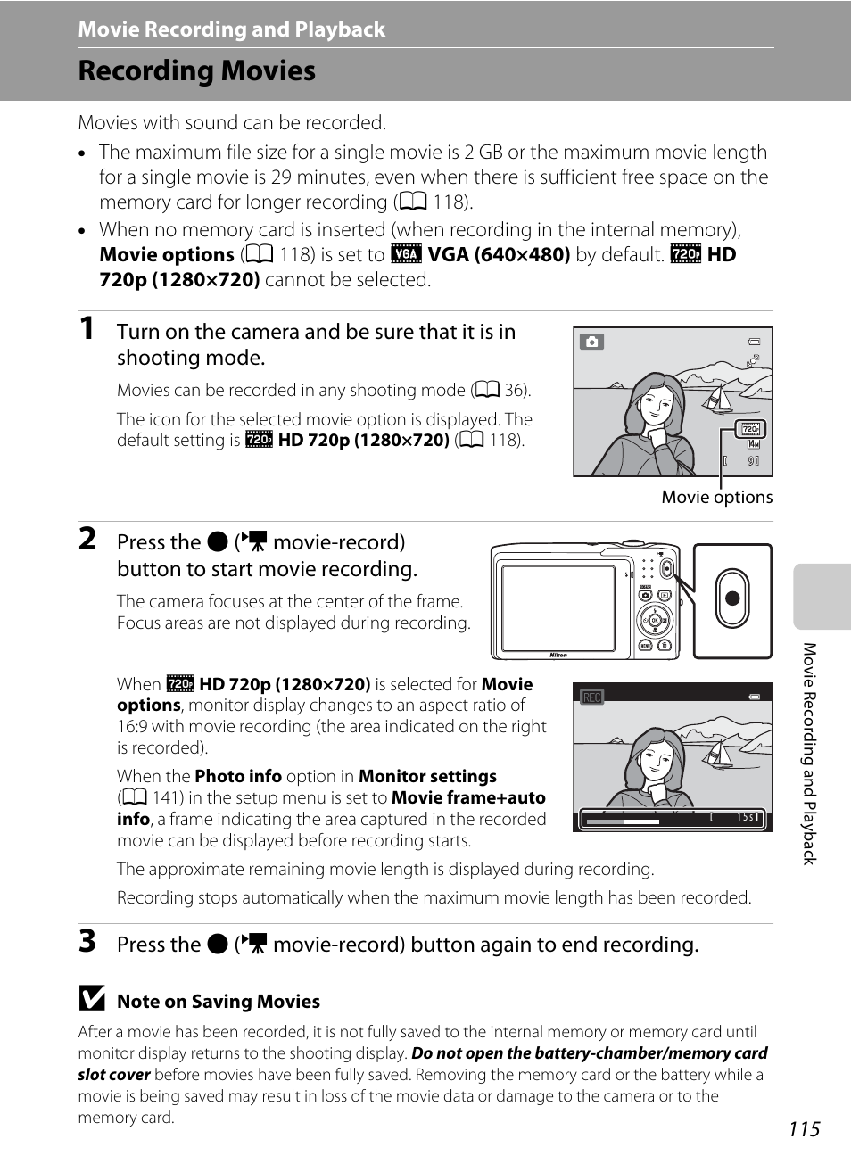 Movie recording and playback, Recording movies, A 115) | A 115, A 115) ar | Nikon S3100 User Manual | Page 127 / 196