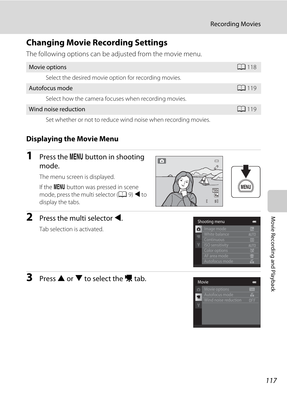 Changing movie recording settings, A 117) | Nikon S3100 User Manual | Page 129 / 196