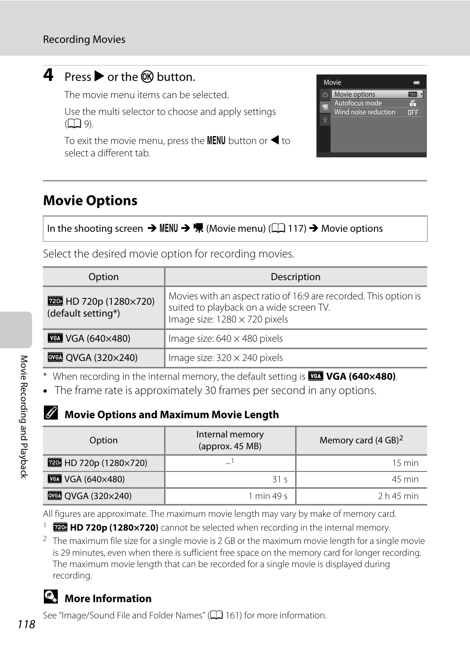 Movie options, A 118), A 118) is set | A 118, Press k or the k button | Nikon S3100 User Manual | Page 130 / 196